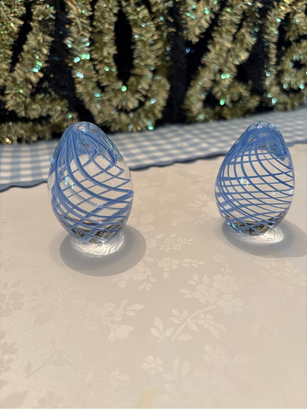 Vintage Art Glass Murano Style Blue Swirl Design Egg Pair